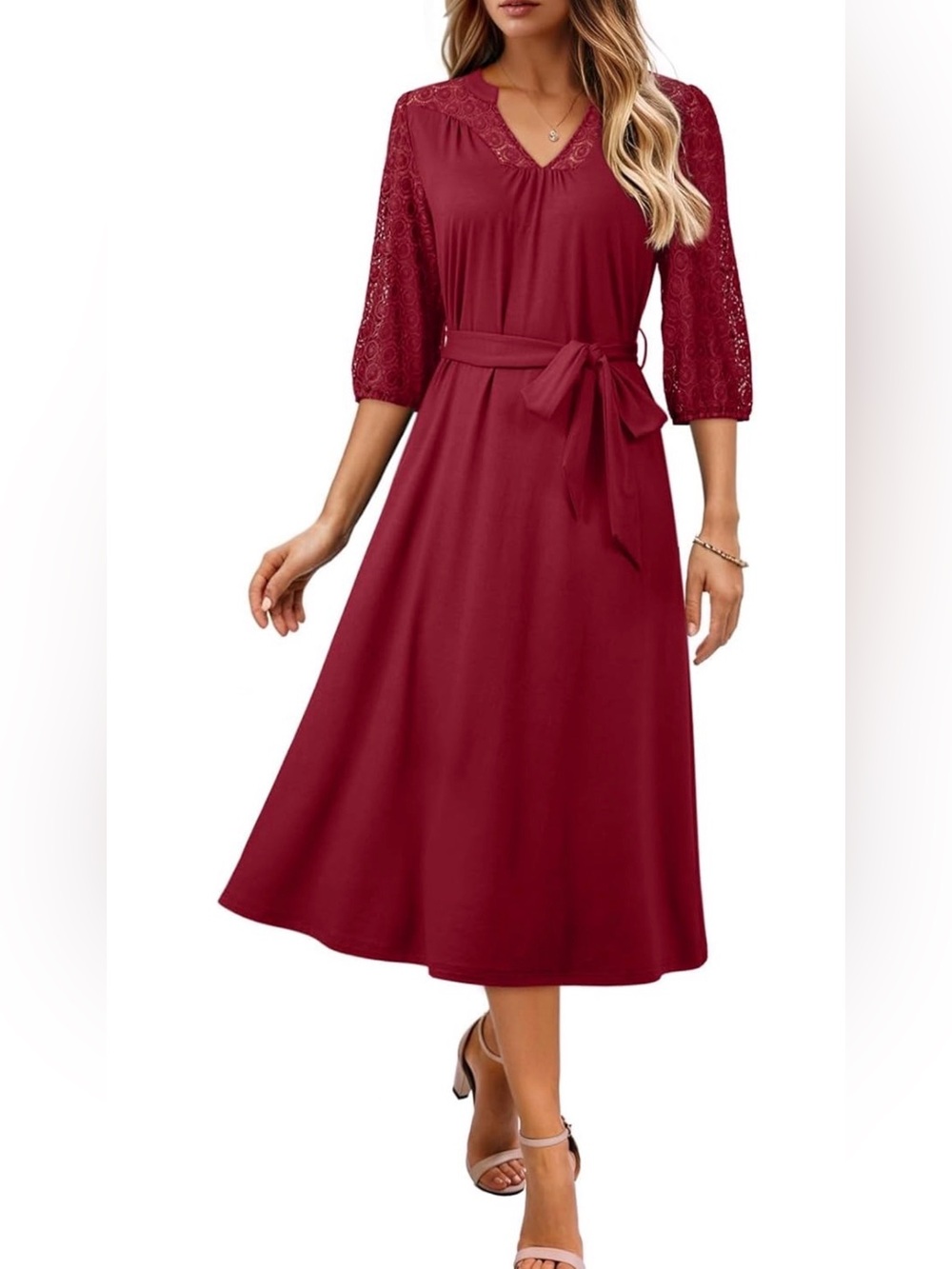 Red Lace Sleeve V-Neck A-Line Midi Dress with Belt